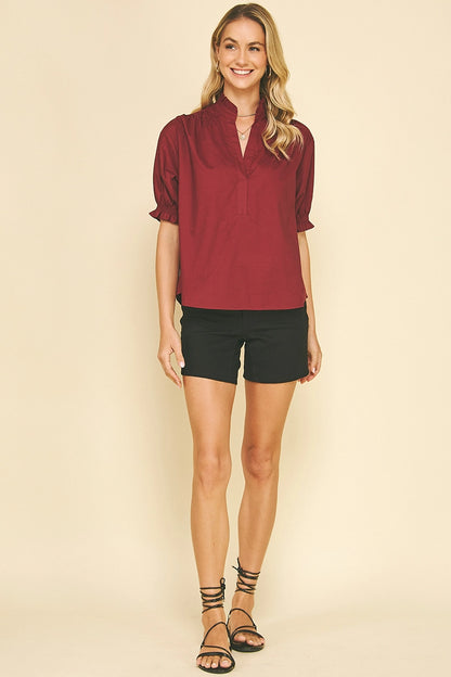 Balloon Sleeve Blouse Top - Burgundy