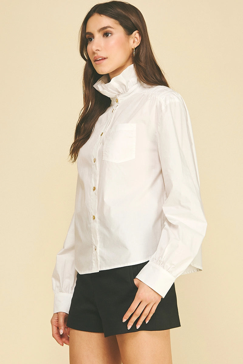 Ruffled High-Neck Button Down Shirt - Off White