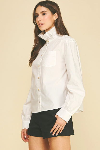 Ruffled High-Neck Button Down Shirt - Off White
