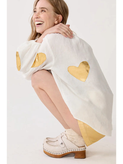Cupid Linen Shirt - Off White w/ Gold Hearts