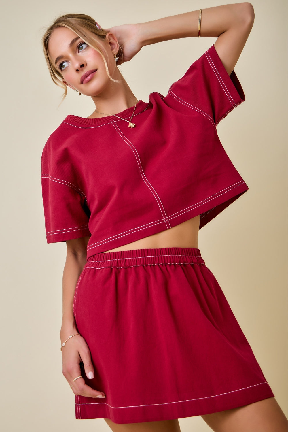 High Waisted Contrast Stitch Denim Skirt - Maroon