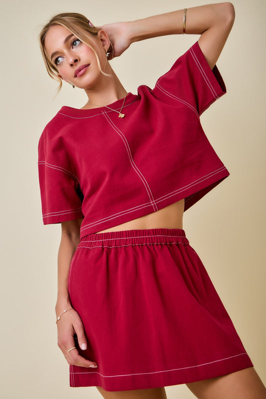 High Waisted Contrast Stitch Denim Skirt - Maroon
