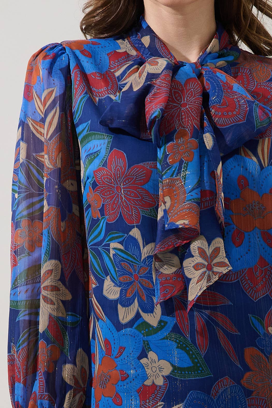 Etienne Tie Neck Long Sleeve Blouse Floral - Navy Multi