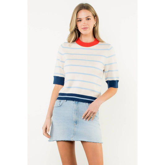 Colorblock Rib Trim Striped Knit Top - Cream