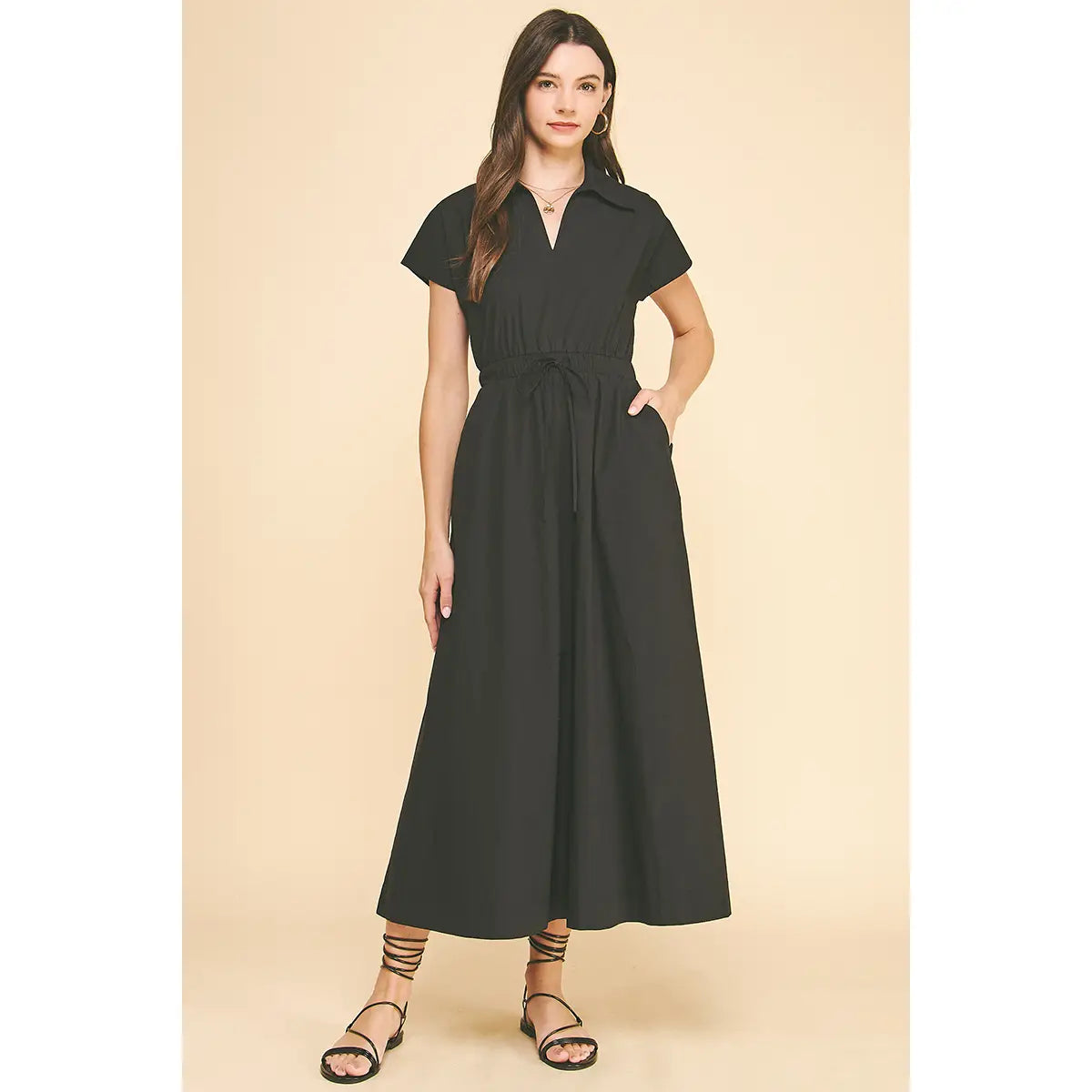 Solid Midi Dress with Open Back - Black