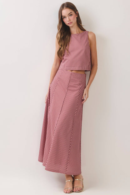 Bias Stripe A-Line Midi Skirt - Rust