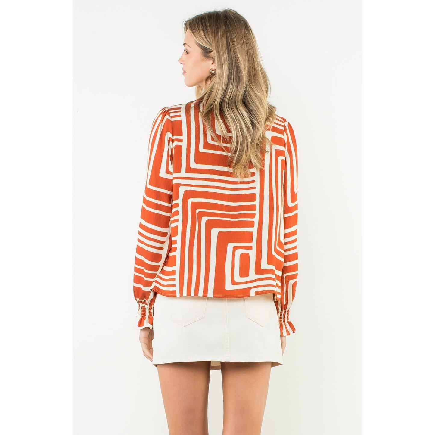 Abstract Print Long Sleeve V-Neck Top - Rust