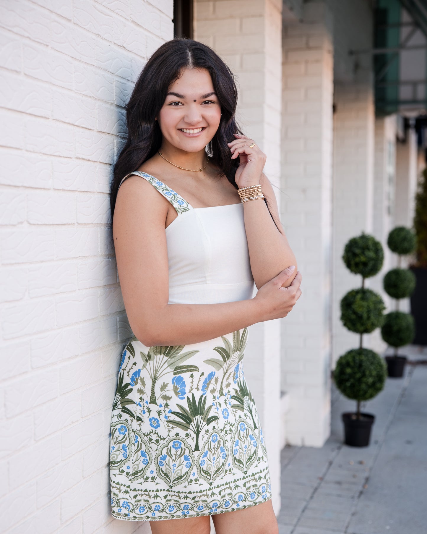 Senara Floral Sally Smocked Mini Dress - White/Green/Multi