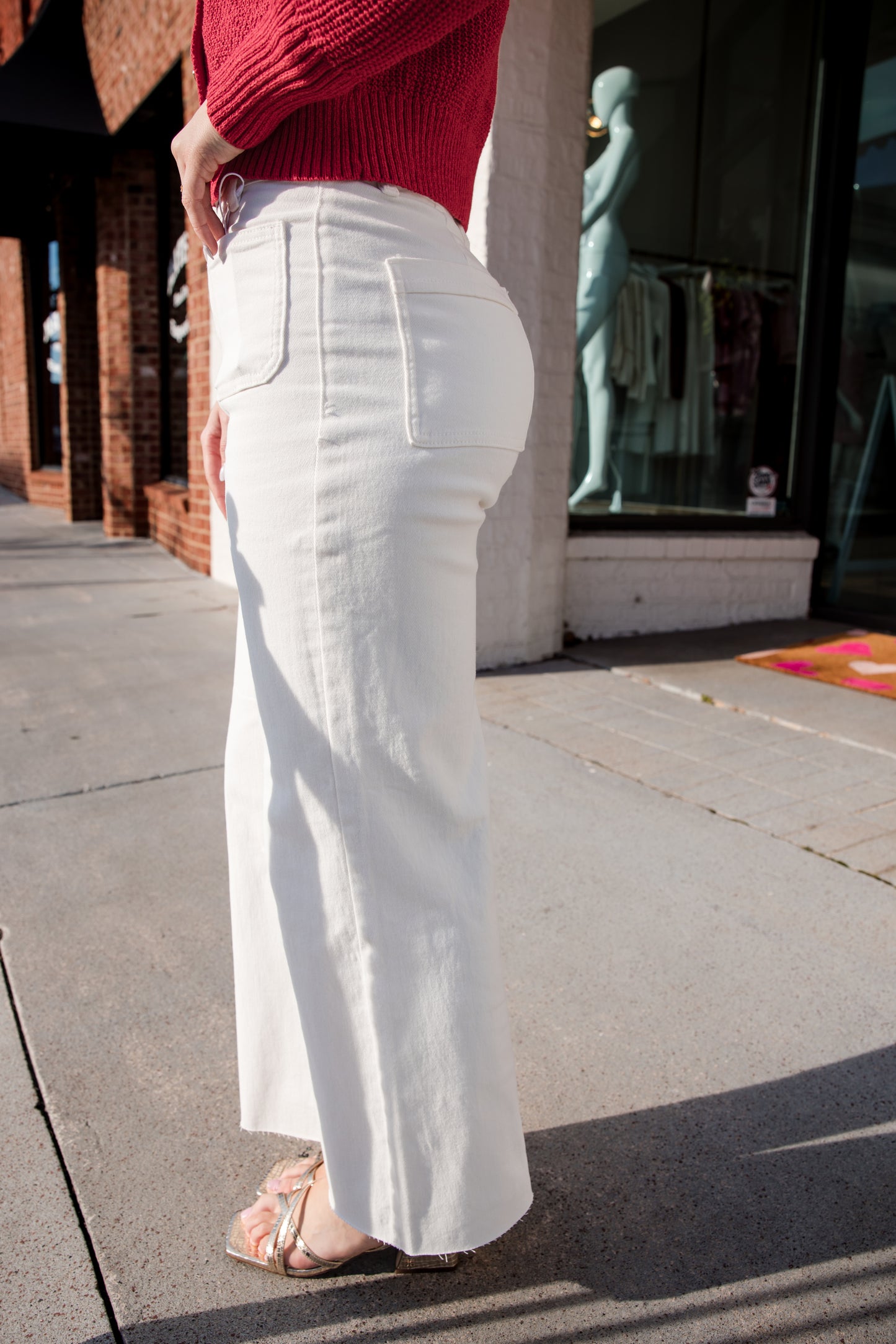 Front Two Pocket Stretch Wide Leg Denim Jeans - White