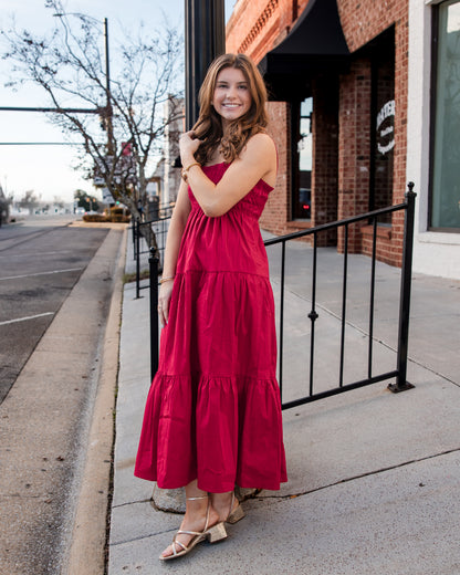 Gennie Smocked Tiered Midi Dress - Red