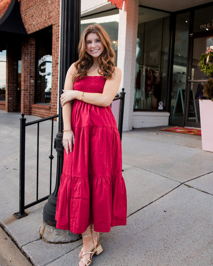 Gennie Smocked Tiered Midi Dress - Red