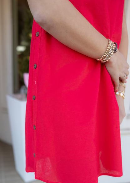 Linen Side Button Detail Mini Dress - Red