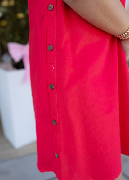 Linen Side Button Detail Mini Dress - Red