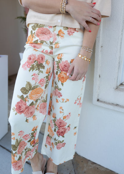 Floral Print Wide Leg Pants - Ecru