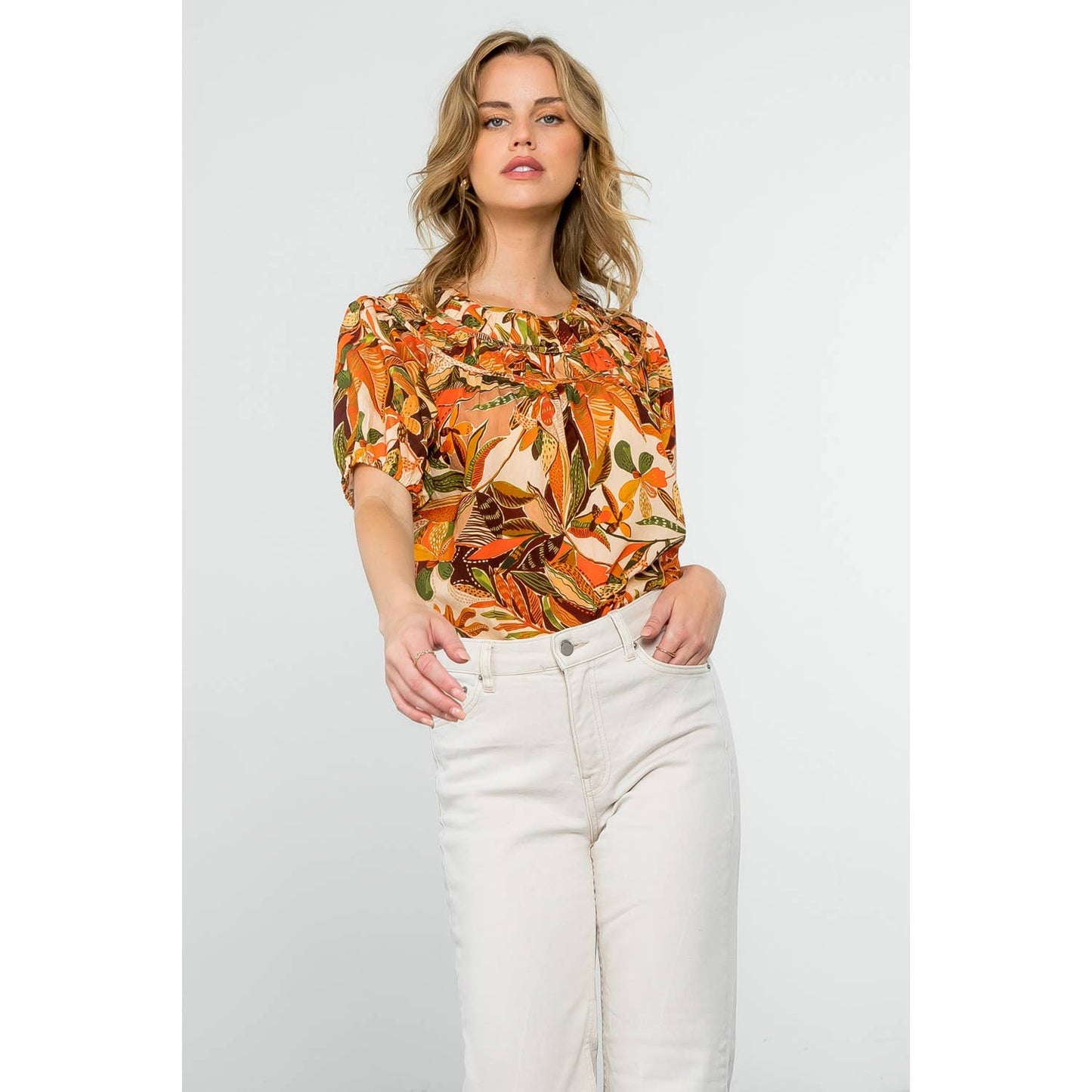 Puff Sleeve Floral Top - Beige