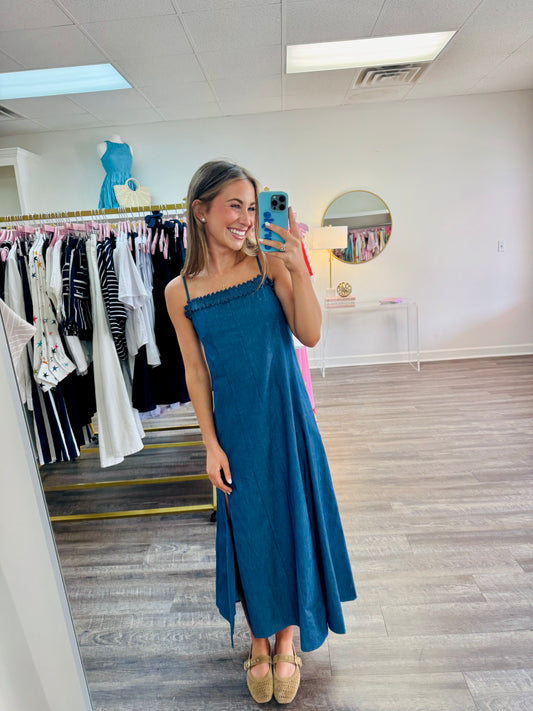 Thin Strap Denim Midi Dress - Dark Blue