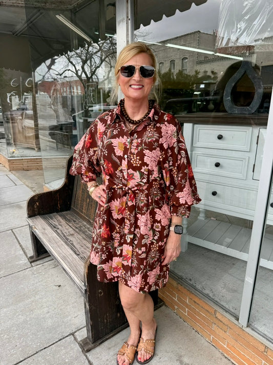 Long Sleeve Floral Pattern Button Down Dress - Brown