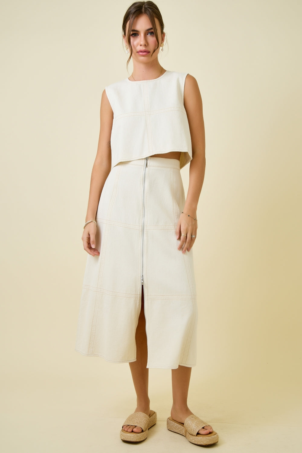 Front Zip Denim Midi Skirt - Oatmeal