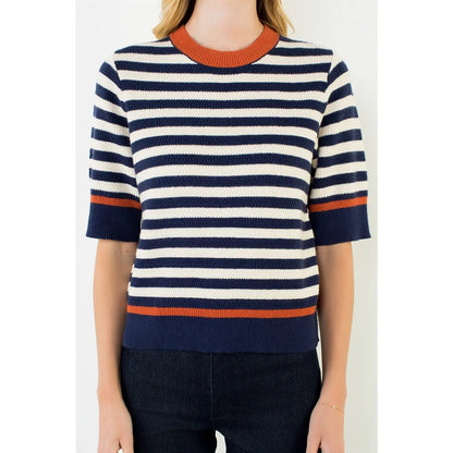 Stripe Short Sleeve Sweater Top - Navy/Orange