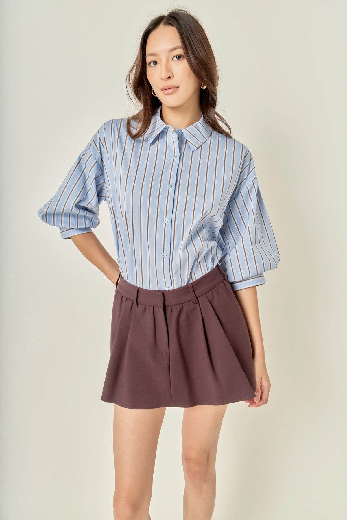 Striped Balloon Sleeve Shirt - Dusty Blue