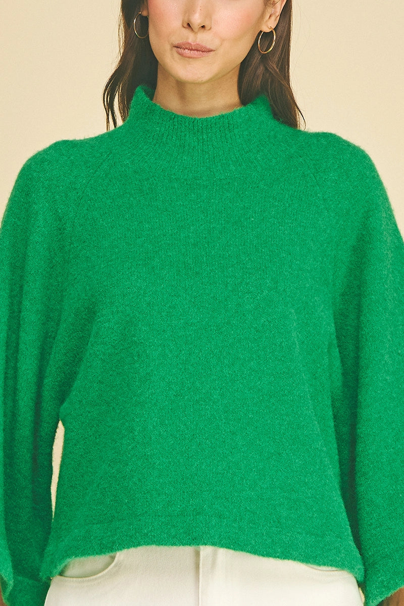 Wide Sleeve Mock Neck Sweater - Green