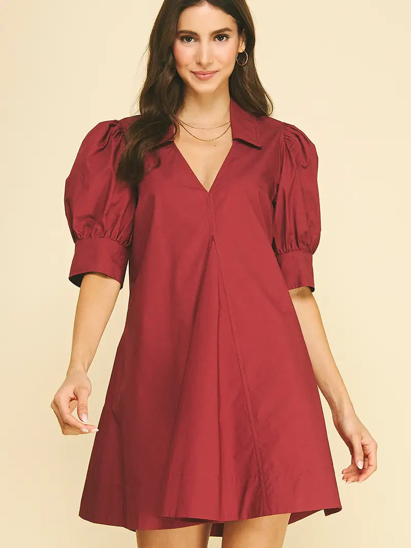 Puff Sleeve V-Neck Mini Dress - Maroon