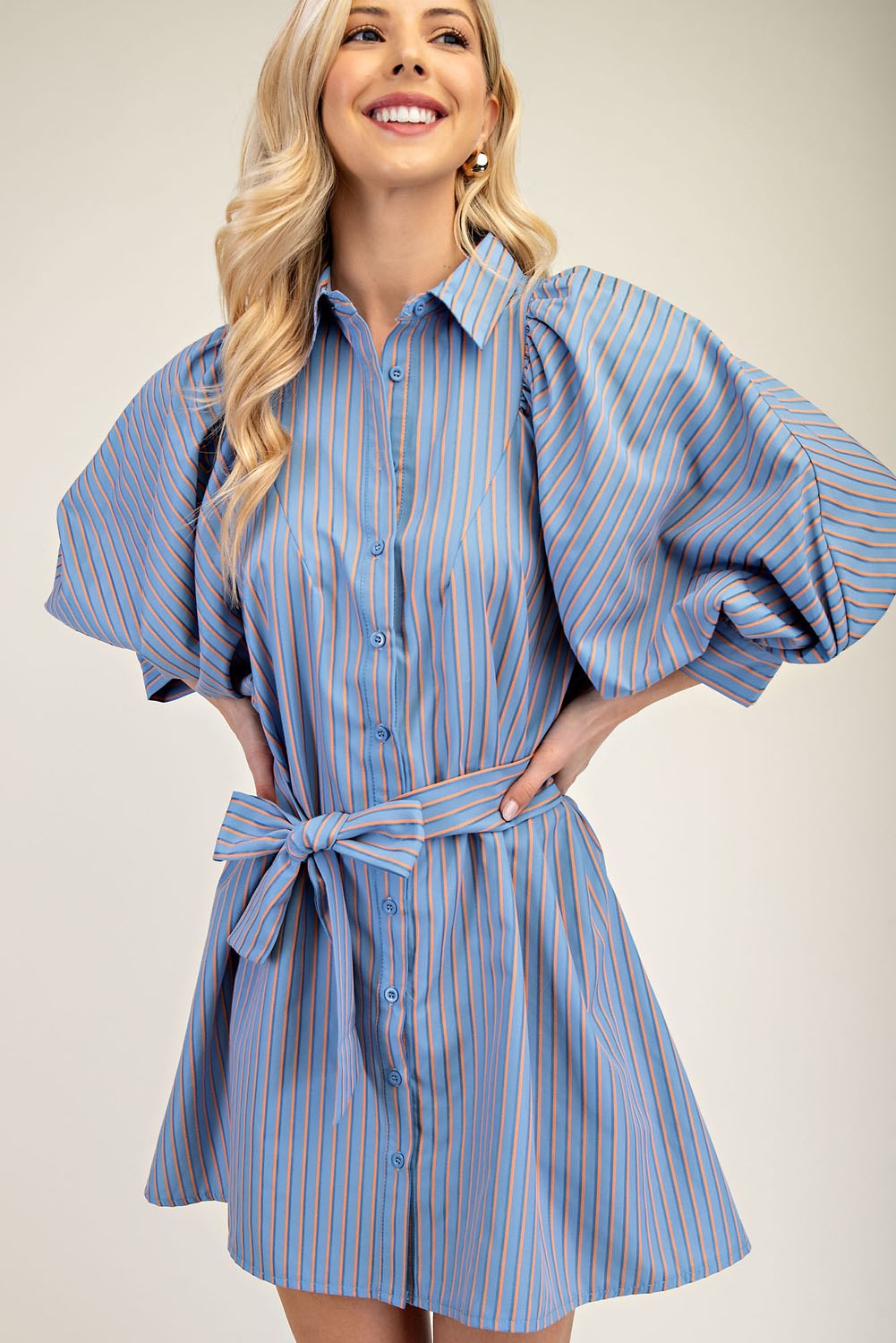 Collar Neck Puff Sleeve Stripe Mini Dress - Blue