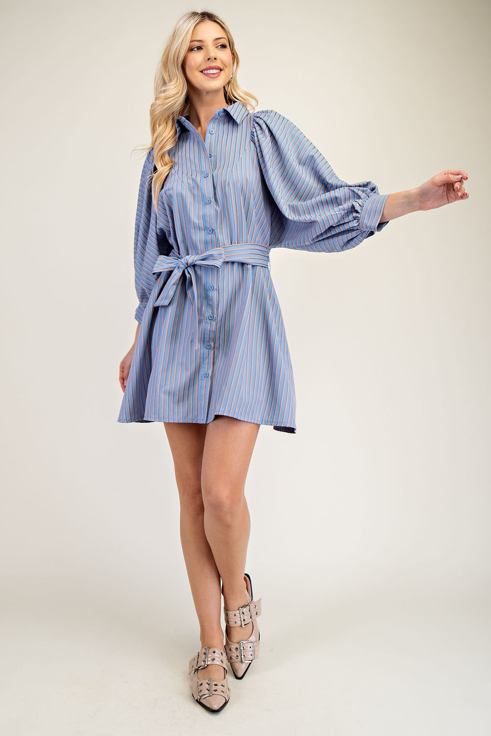 Collar Neck Puff Sleeve Stripe Mini Dress - Blue