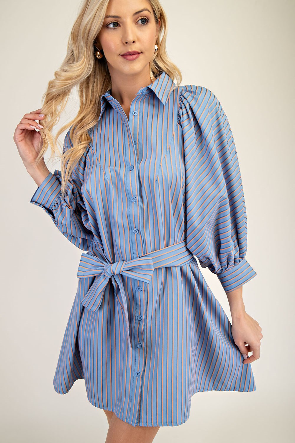 Collar Neck Puff Sleeve Stripe Mini Dress - Blue