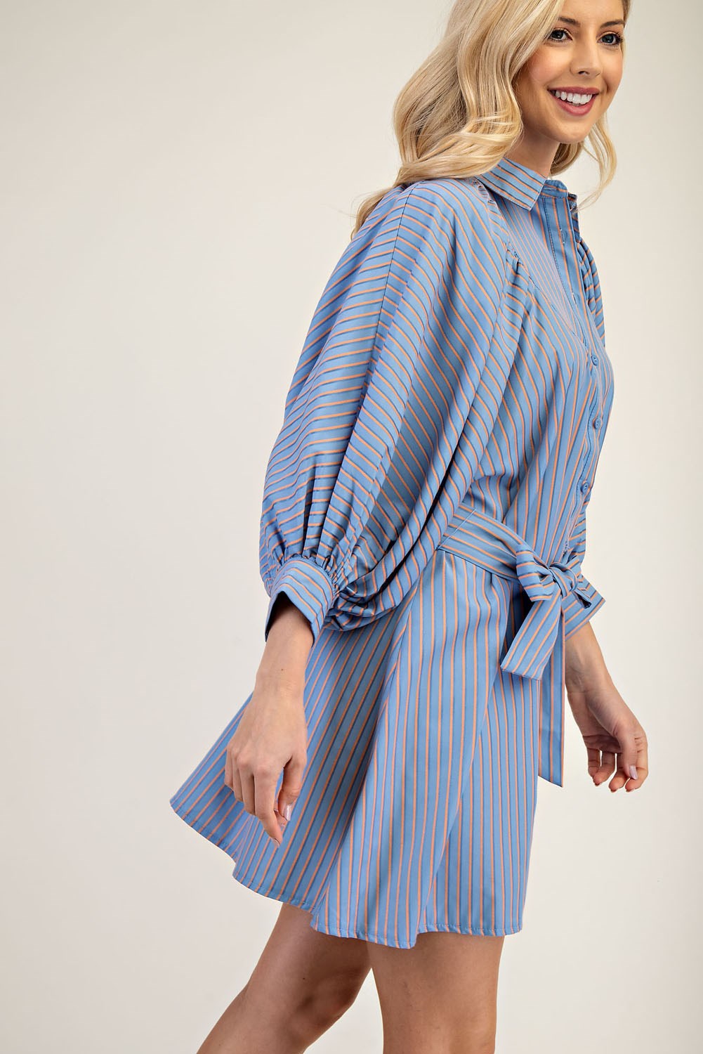 Collar Neck Puff Sleeve Stripe Mini Dress - Blue