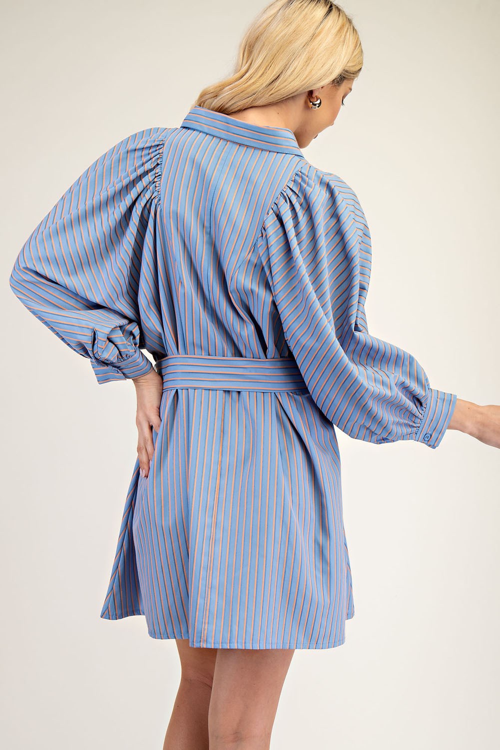 Collar Neck Puff Sleeve Stripe Mini Dress - Blue