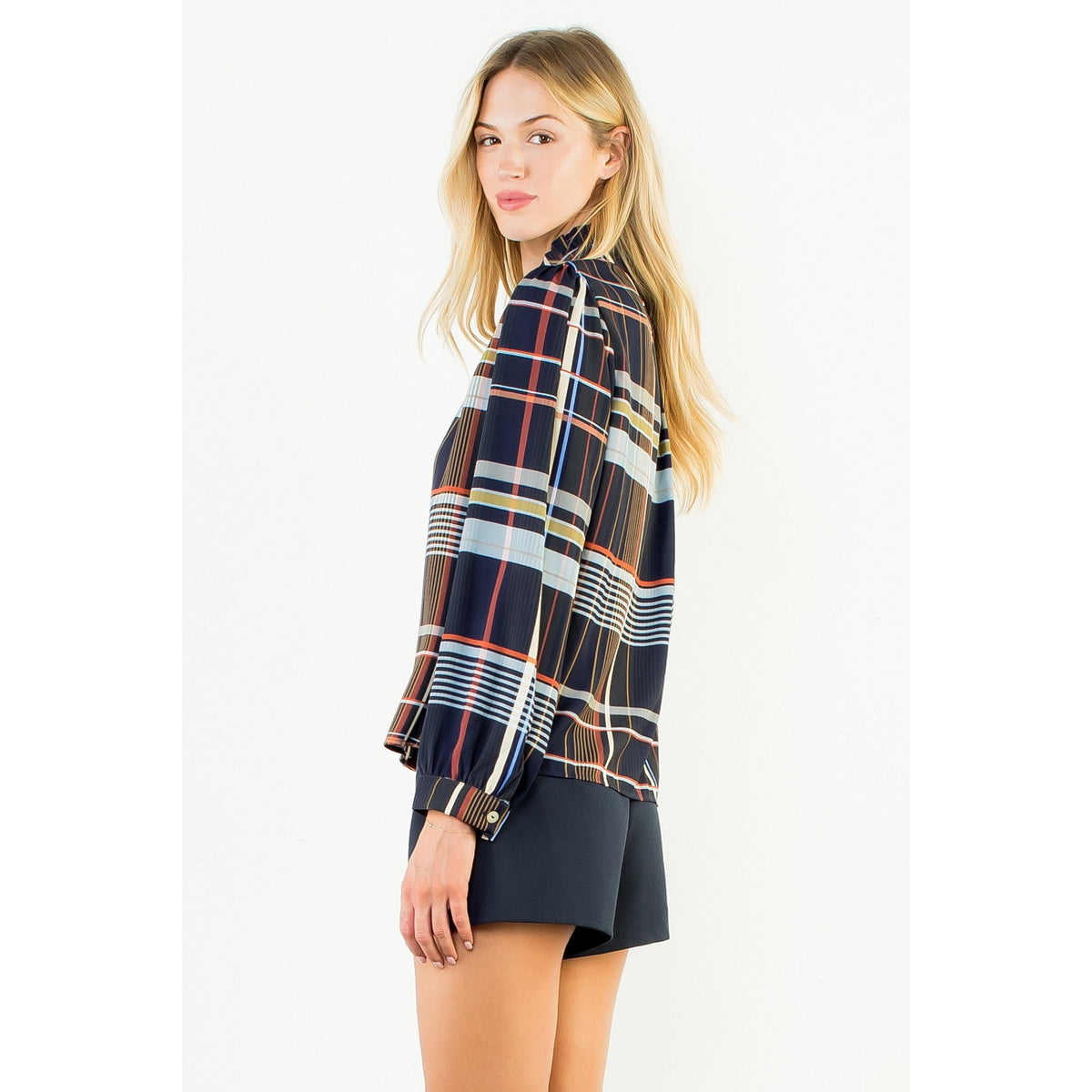 Plaid Long Sleeve Button Top - Navy