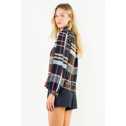 Plaid Long Sleeve Button Top - Navy