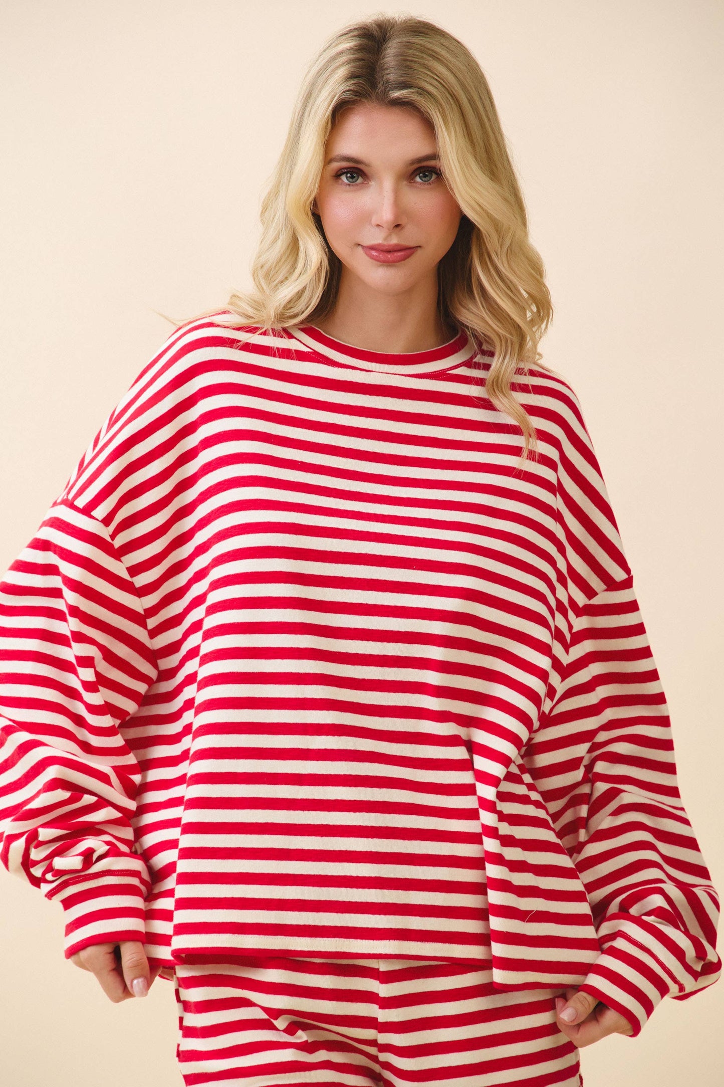 Striped Dropped Shoulders Relaxed Long Sleeve Top - Red