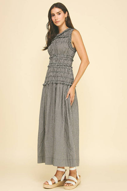 Gingham Shirring Detailed Maxi Dress - Black