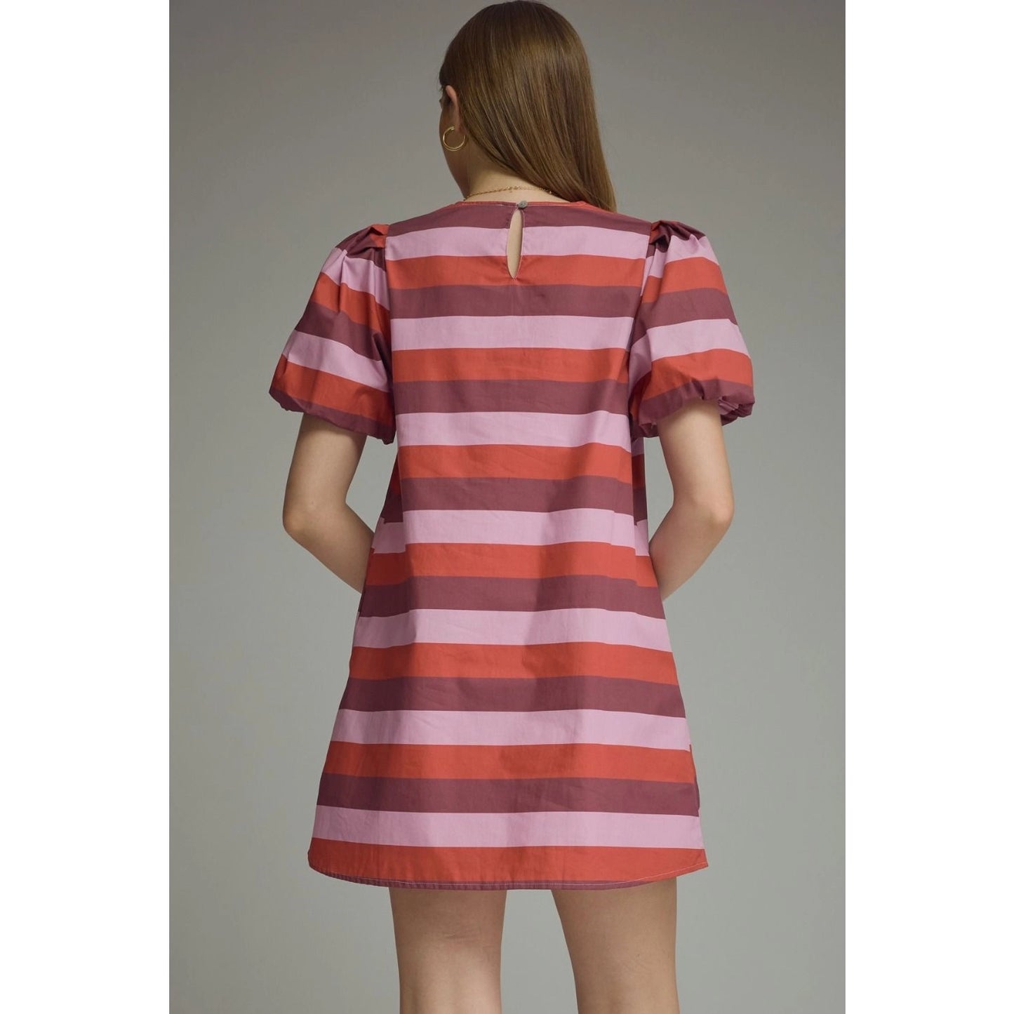 Stripe Short Puff Sleeve Mini Dress - Berry Combo