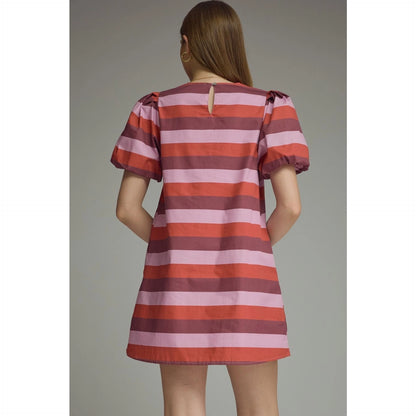 Stripe Short Puff Sleeve Mini Dress - Berry Combo