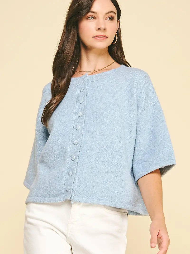 Button Down Short Sleeve Sweater - Baby Blue