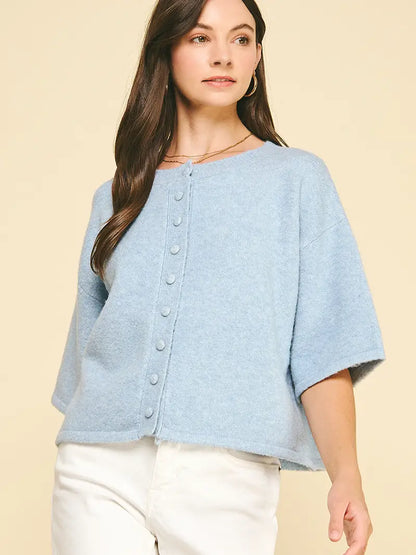 Button Down Short Sleeve Sweater - Baby Blue