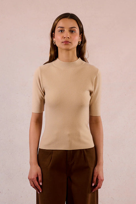 Short Sleeve Knitted Sweater - Beige