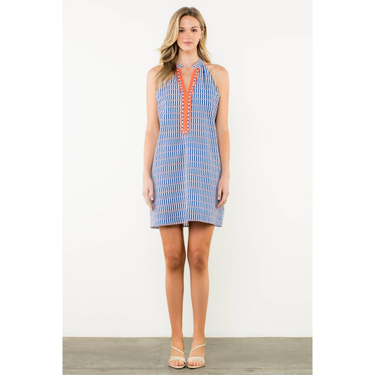 Contrast Trim Sleeveless Stripe Dress - Blue