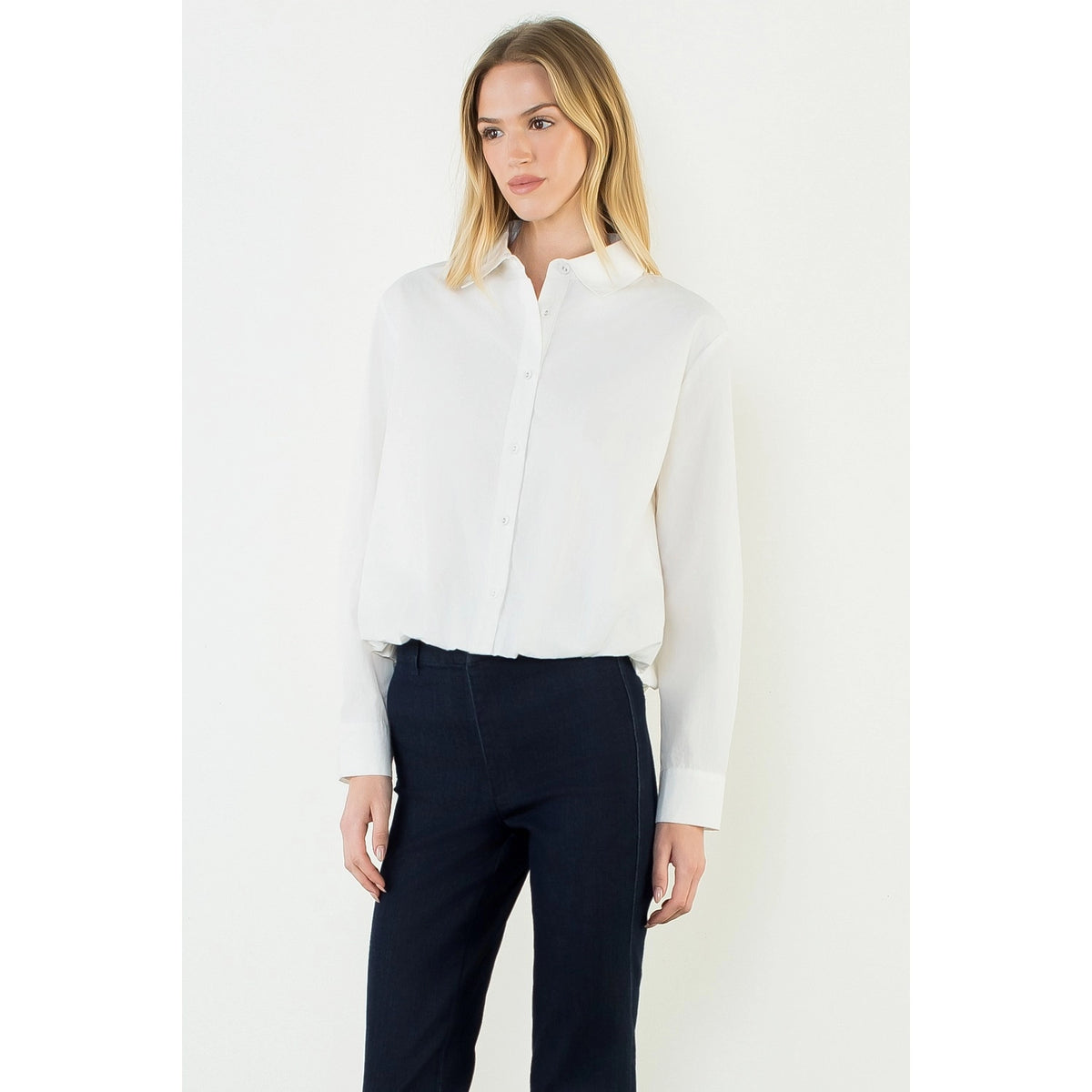 Long Sleeve Cinched Button Down Top - White