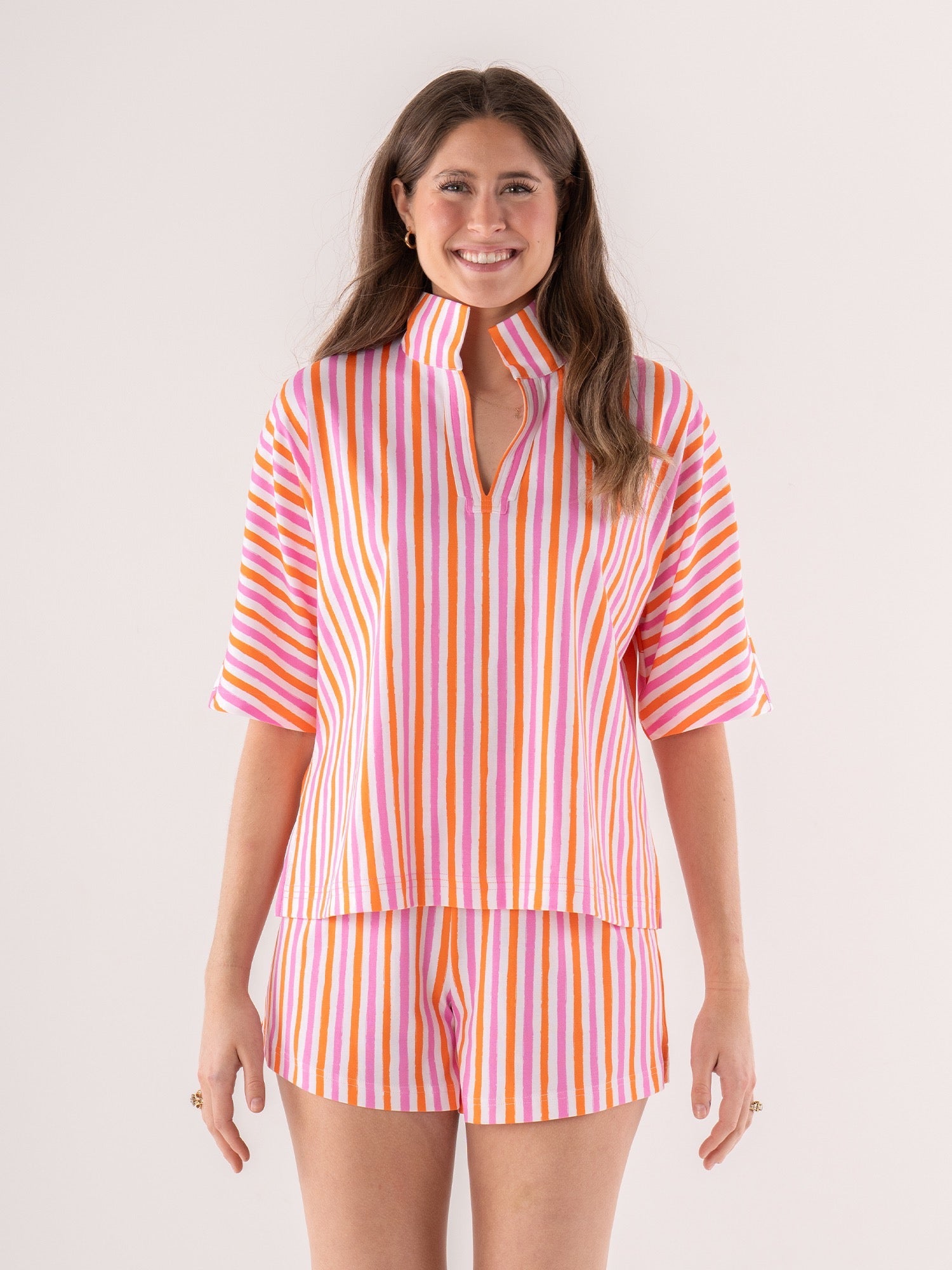 Pajama Short Set - Coral Pink Stripe