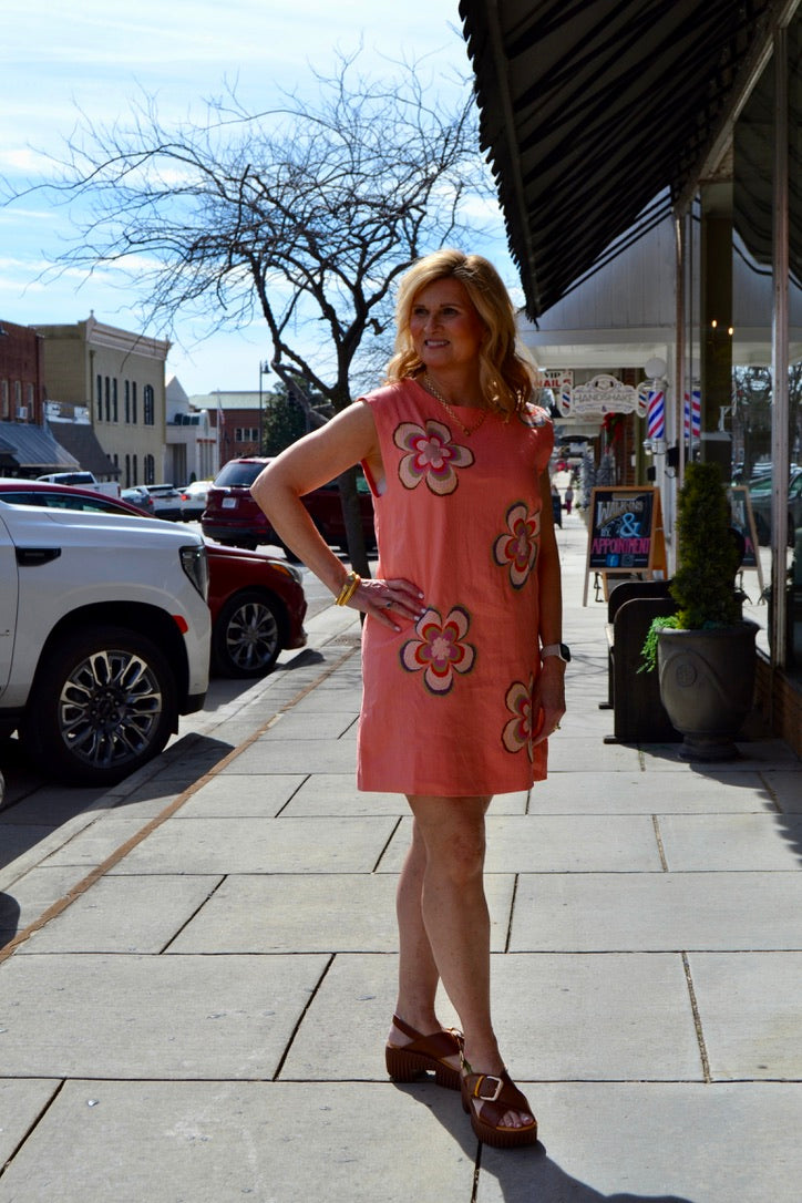 Sleeveless Flower Embroidered Dress - Coral