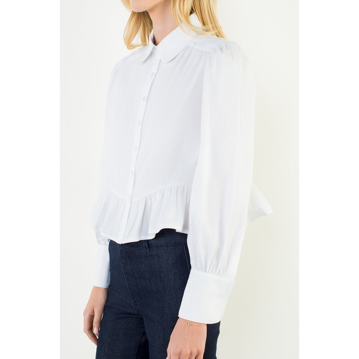 Button Up Long Sleeve Ruffle Hem Top - White