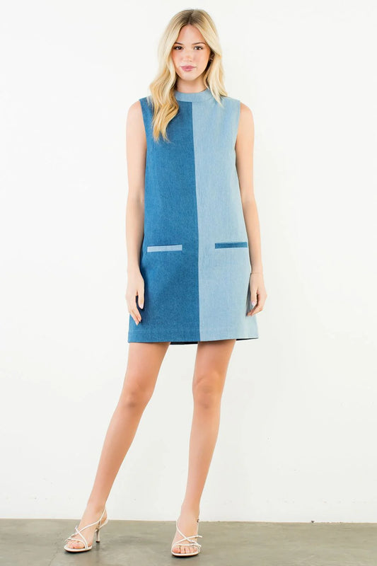 Sleeveless Colorblocked Denim Dress - Denim Blue