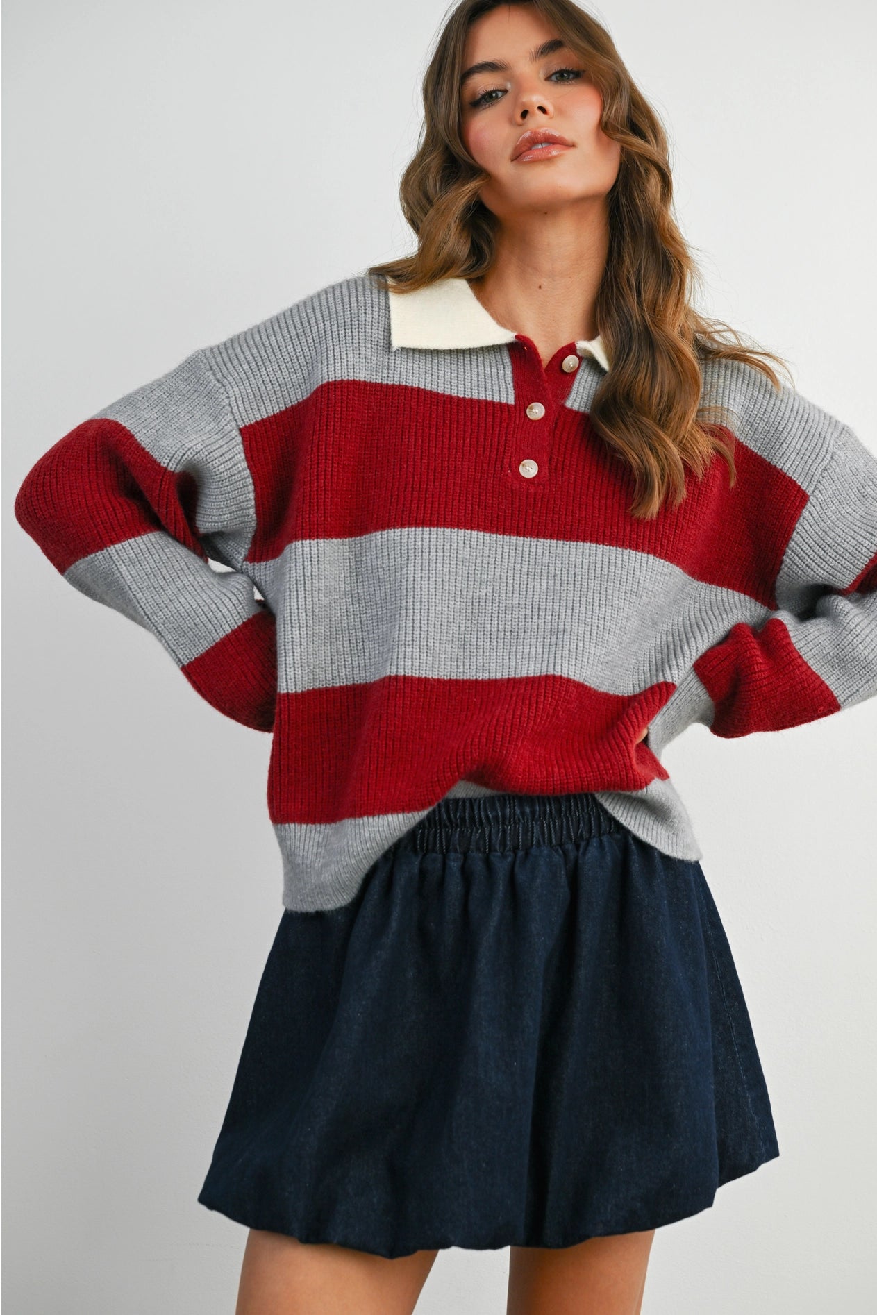 Buttoned Striped Collared Long Sleeve Top - Grey/Burgundy