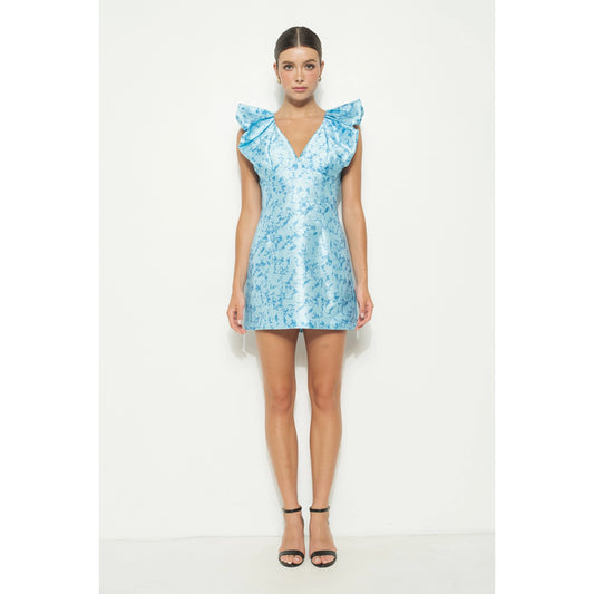 Satin Floral Print Detail Mini Dress - Blue