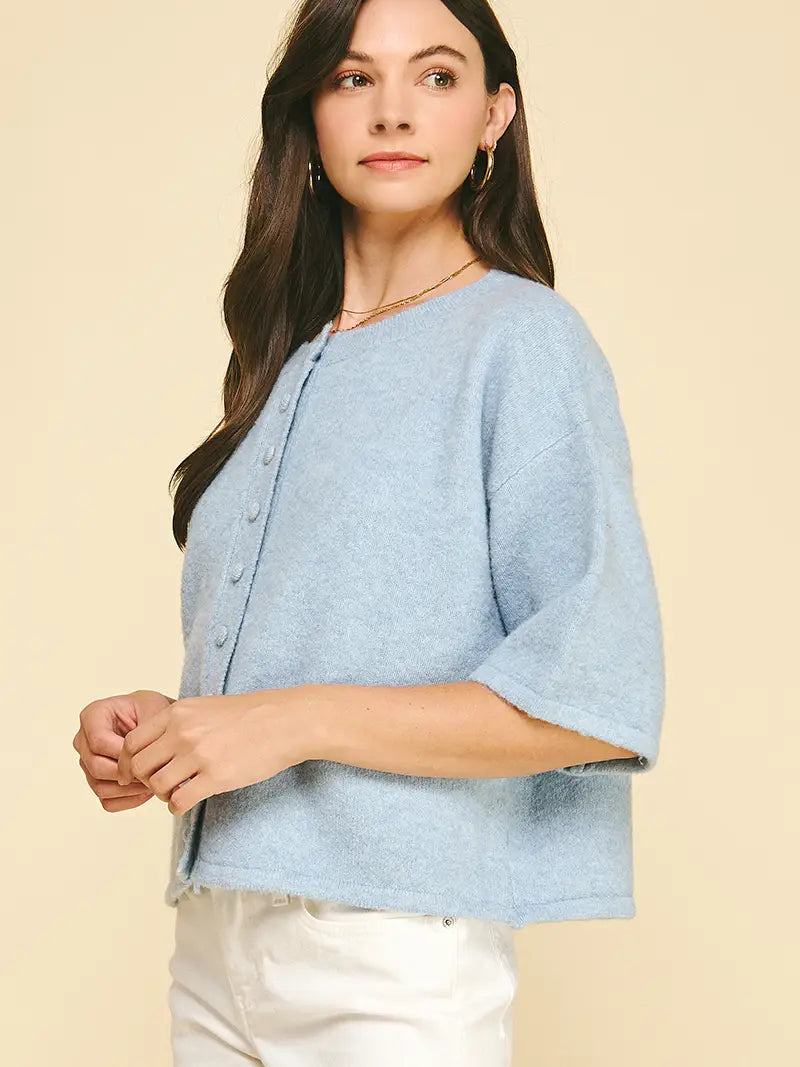 Button Down Short Sleeve Sweater - Baby Blue