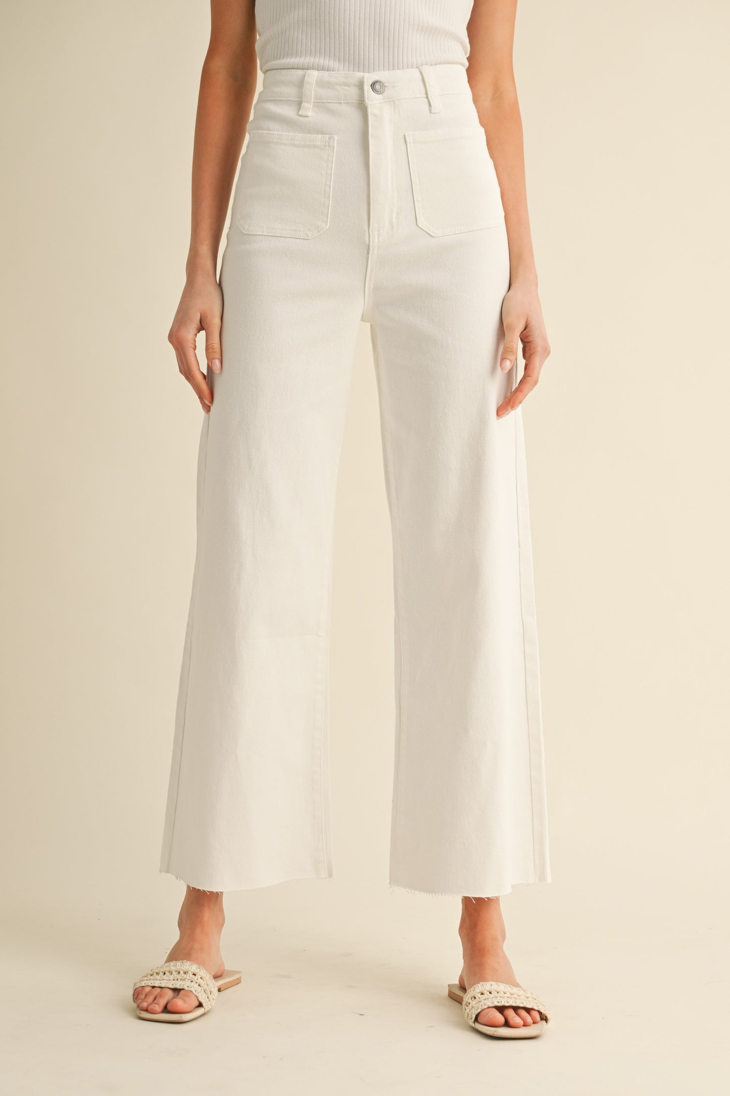 Front Two Pocket Stretch Wide Leg Denim Jeans - White